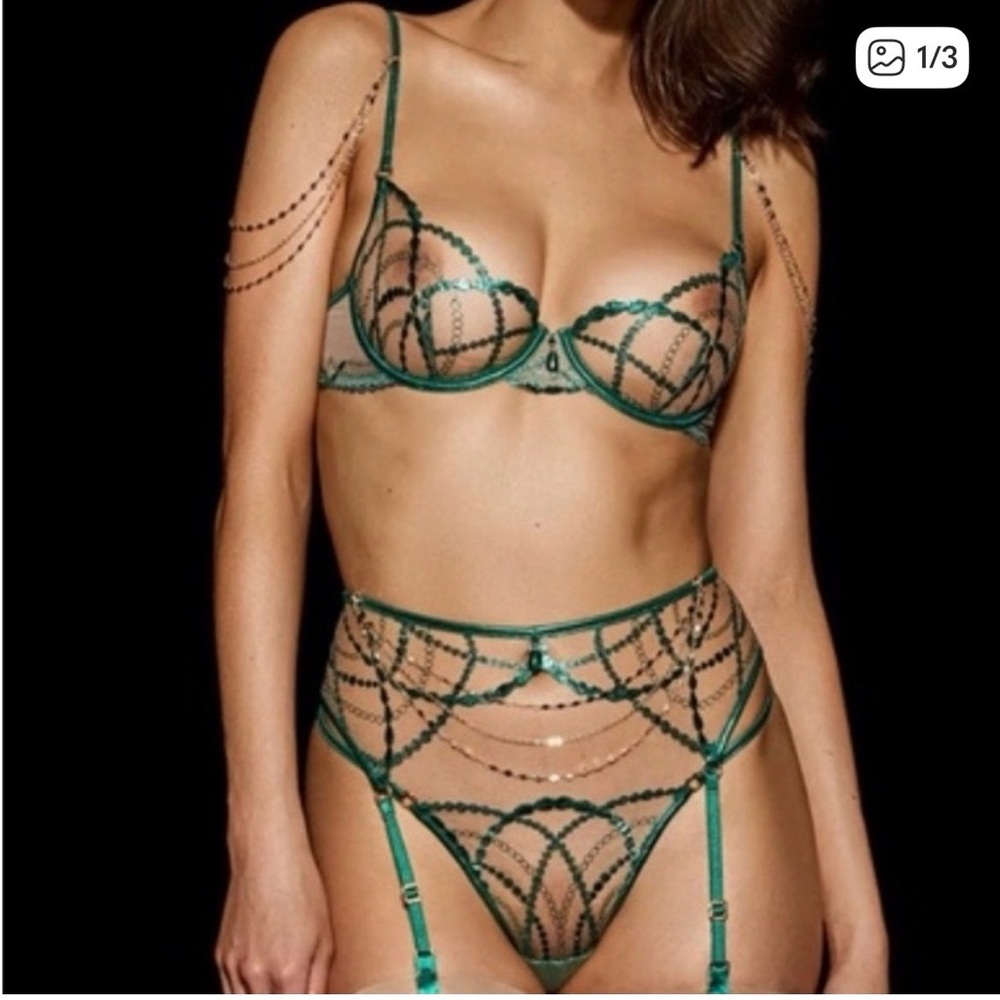 Honey Birdette Goldie Emerald Lace shimmer Bra, suspender, thong Brief full Se